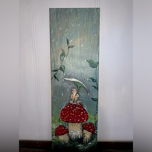 Handpainted frog with mushrooms original by Denise Crome -acrylic on canvas - Picture 1 of 7